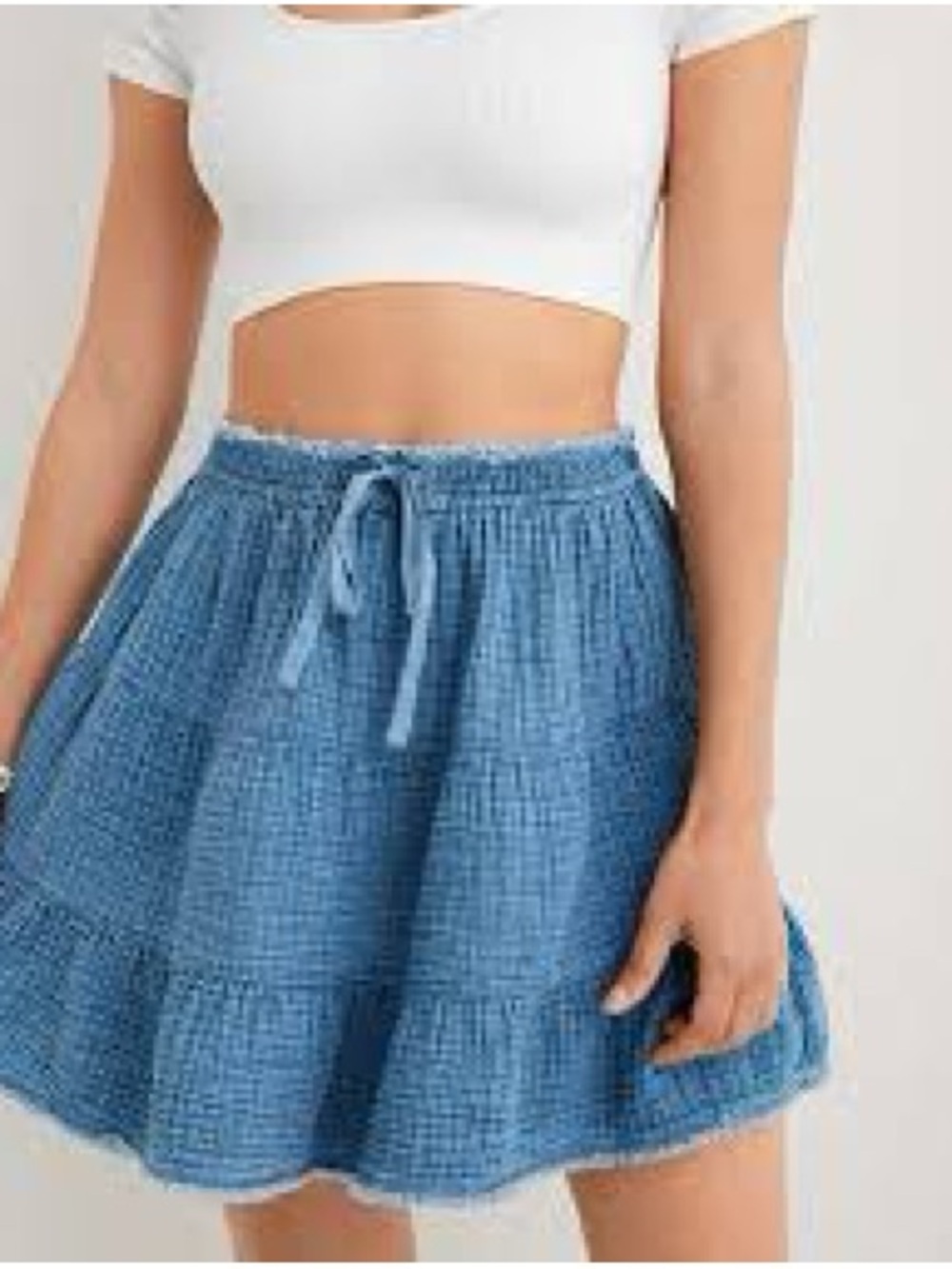 Aerie Blue Chambray Tiered Elastic Waist Drawstring Mini Skirt XS extra small